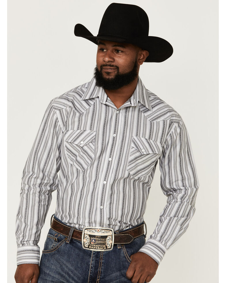 Rough Stock By Panhandle Men's Vertical Dobby Stripe Long Sleeve Snap Western Shirt , Grey, hi-res