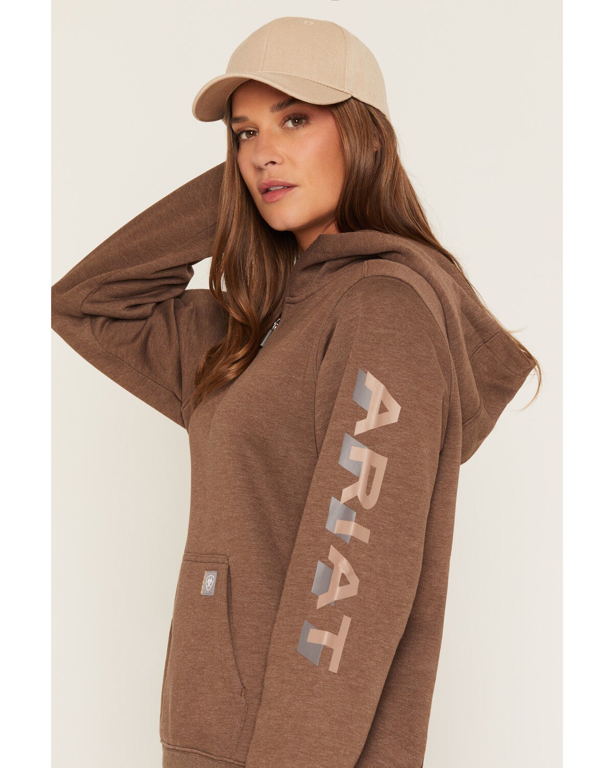 Image #2 - Ariat Women's Rebar Lightweight Logo 1/2 Zip Hooded Pullover, Brown, hi-res