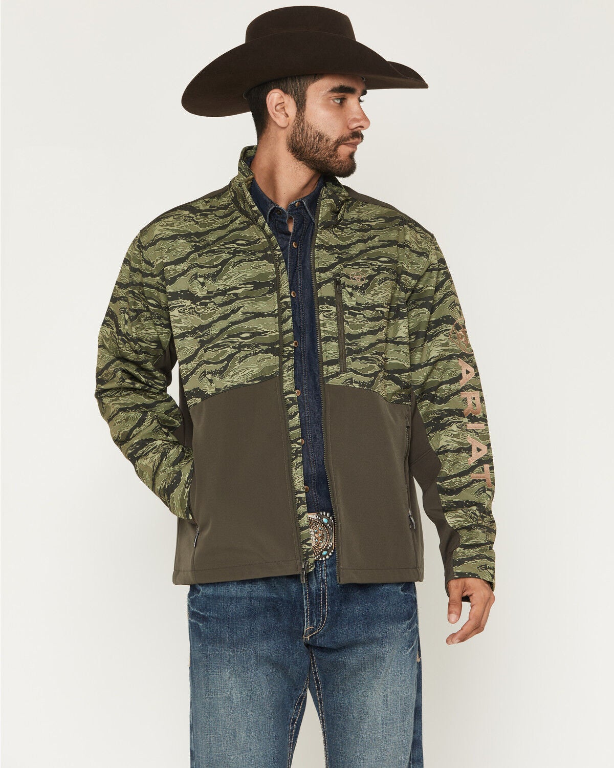 Ariat Men's Logo Camo Logo Concealed Carry Softshell Jacket, Black, hi-res