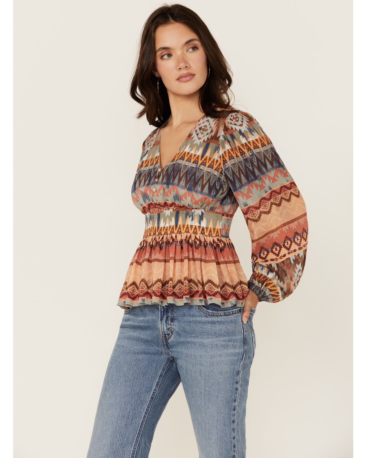 Image #1 - Shyanne Women's Southwestern Print Long Sleeve Crepe Shirt, Navy, hi-res
