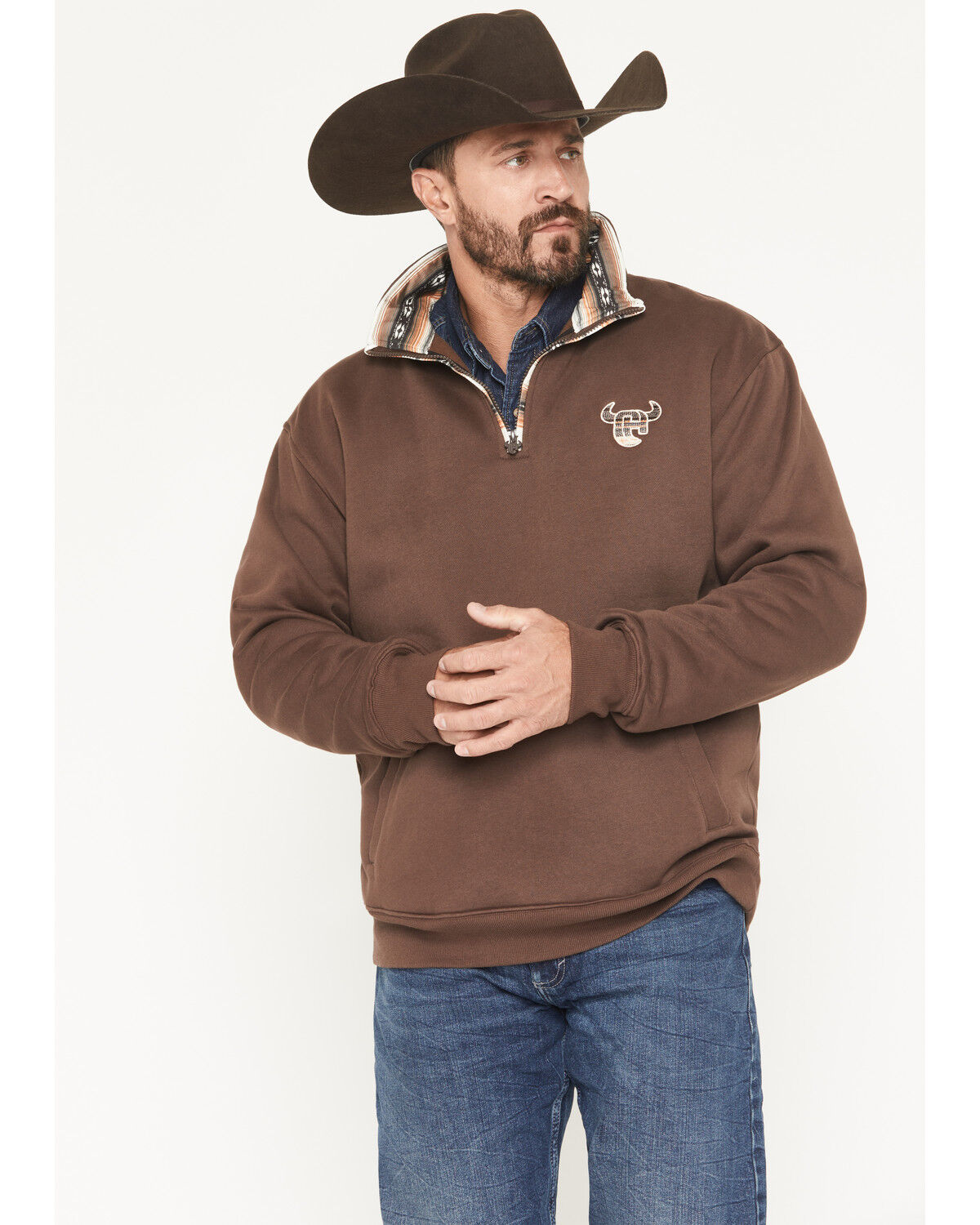 Image #1 - Cowboy Hardware Men's 1/4 Zip Fleece Pullover, Dark Brown, hi-res