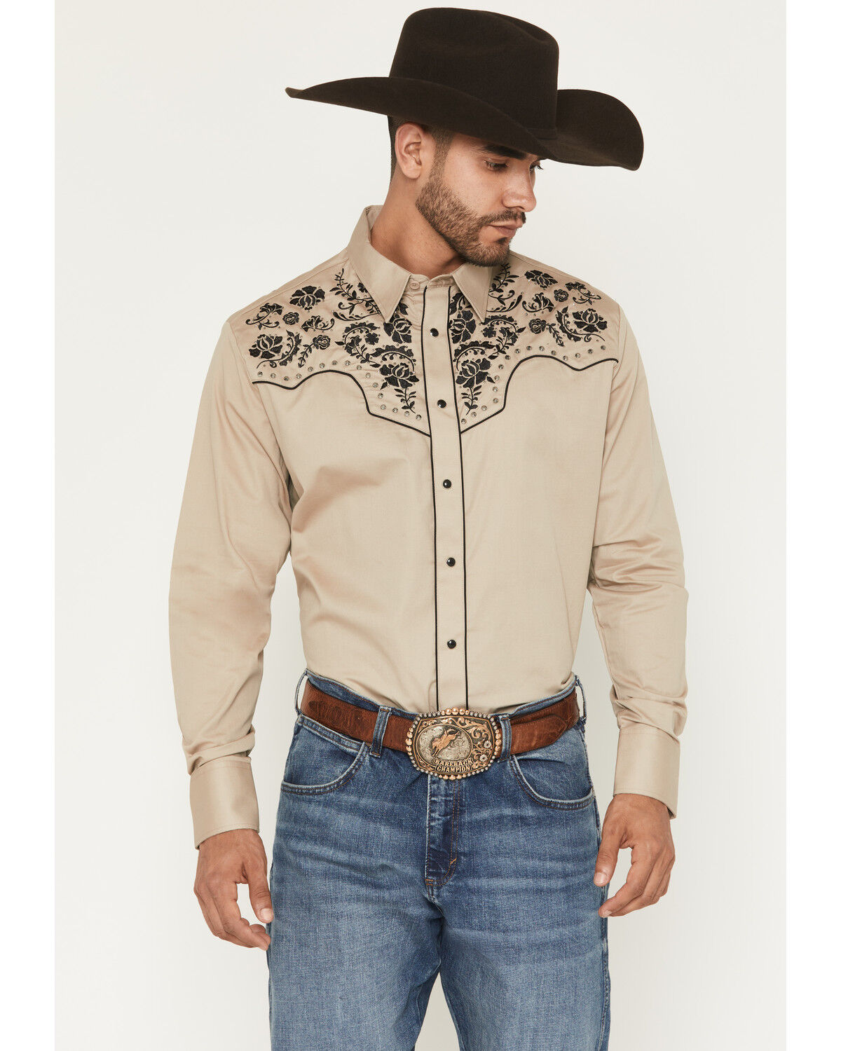 Image #1 - Rodeo Clothing Men's Embroidered Embellished Long Sleeve Snap Western Shirt, Tan, hi-res