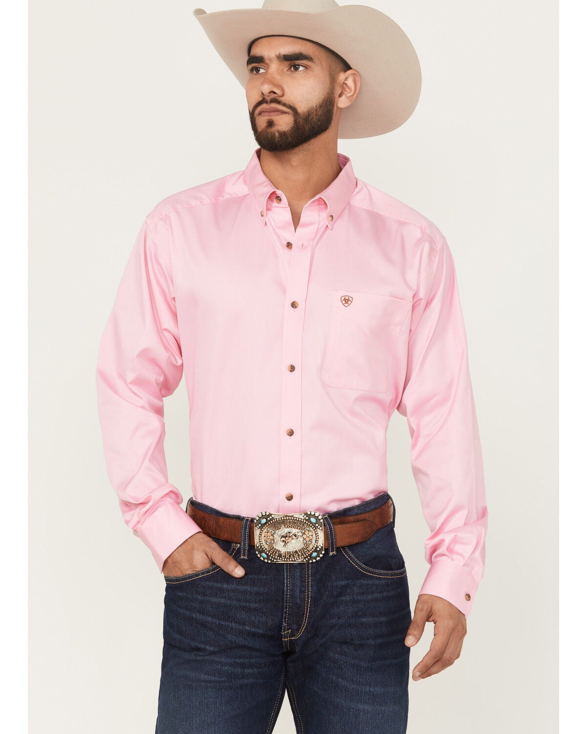 Ariat Men's Classic Fit Solid Twill Long Sleeve Button Down Western Shirt, Pink, hi-res