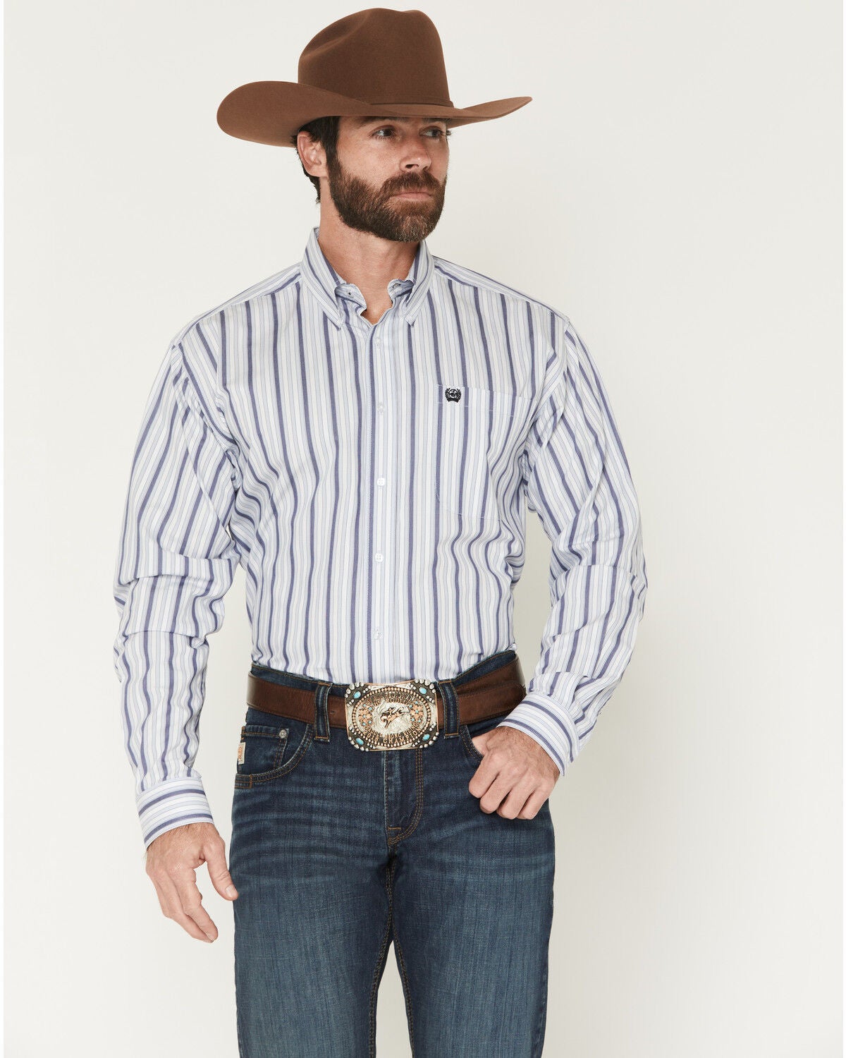 Cinch Men's Vertical Striped Long Sleeve Button-Down Western Shirt, Light Blue, hi-res