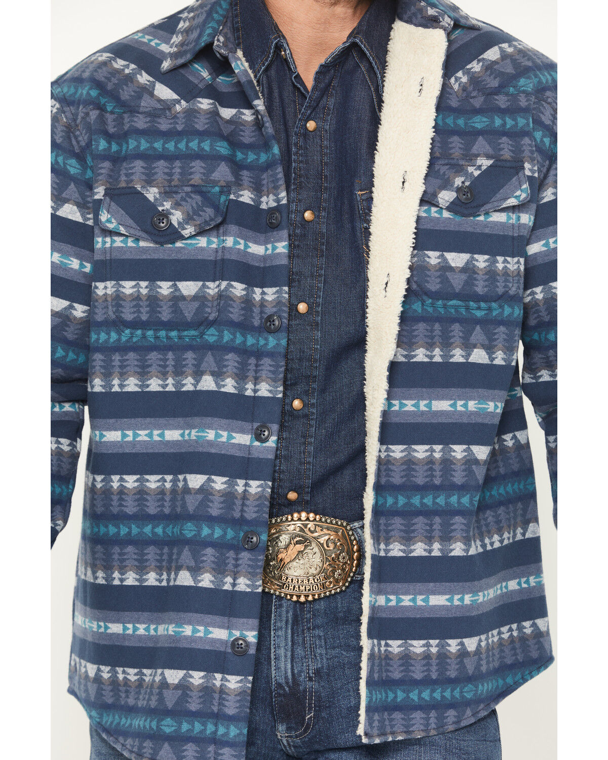 Image #3 - Cody James Men's Benton Sherpa Lined Southwestern Print Flannel Shirt Jacket, Blue, hi-res