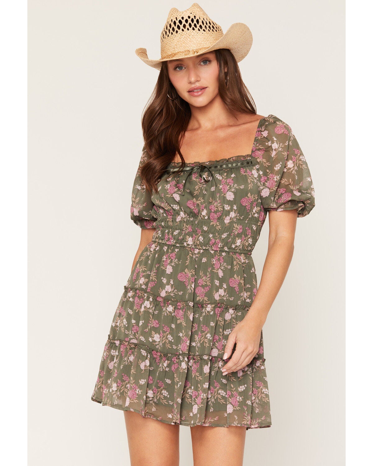Trixxi Women's Floral Print Short Sleeve Mini Dress, Green, hi-res