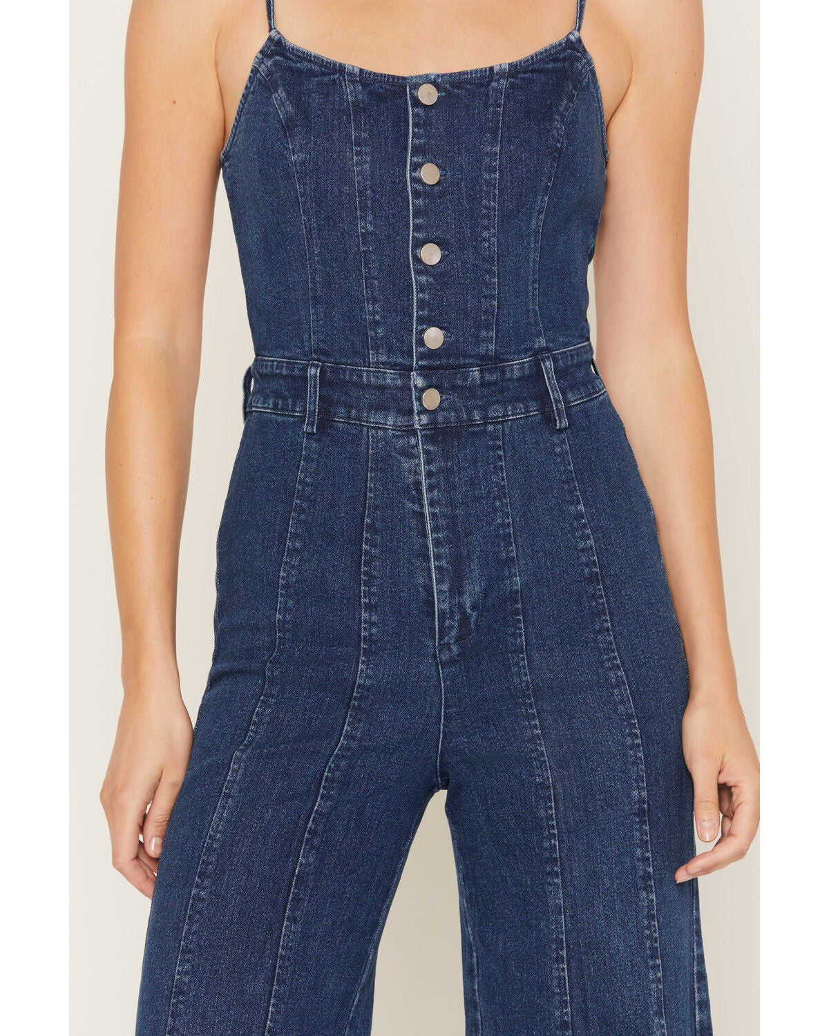 Image #3 - Flying Tomato Women's Dark Wash Sleeveless Seamed Button-Front Denim Jumpsuit, Dark Wash, hi-res