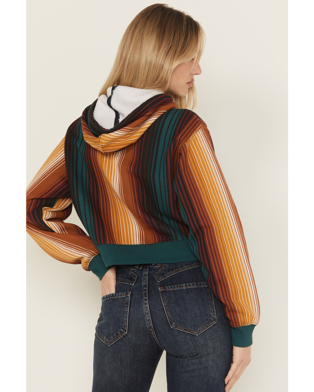 Image #4 - Wrangler Retro Women's Serape Striped Logo Cropped Hoodie, Teal, hi-res