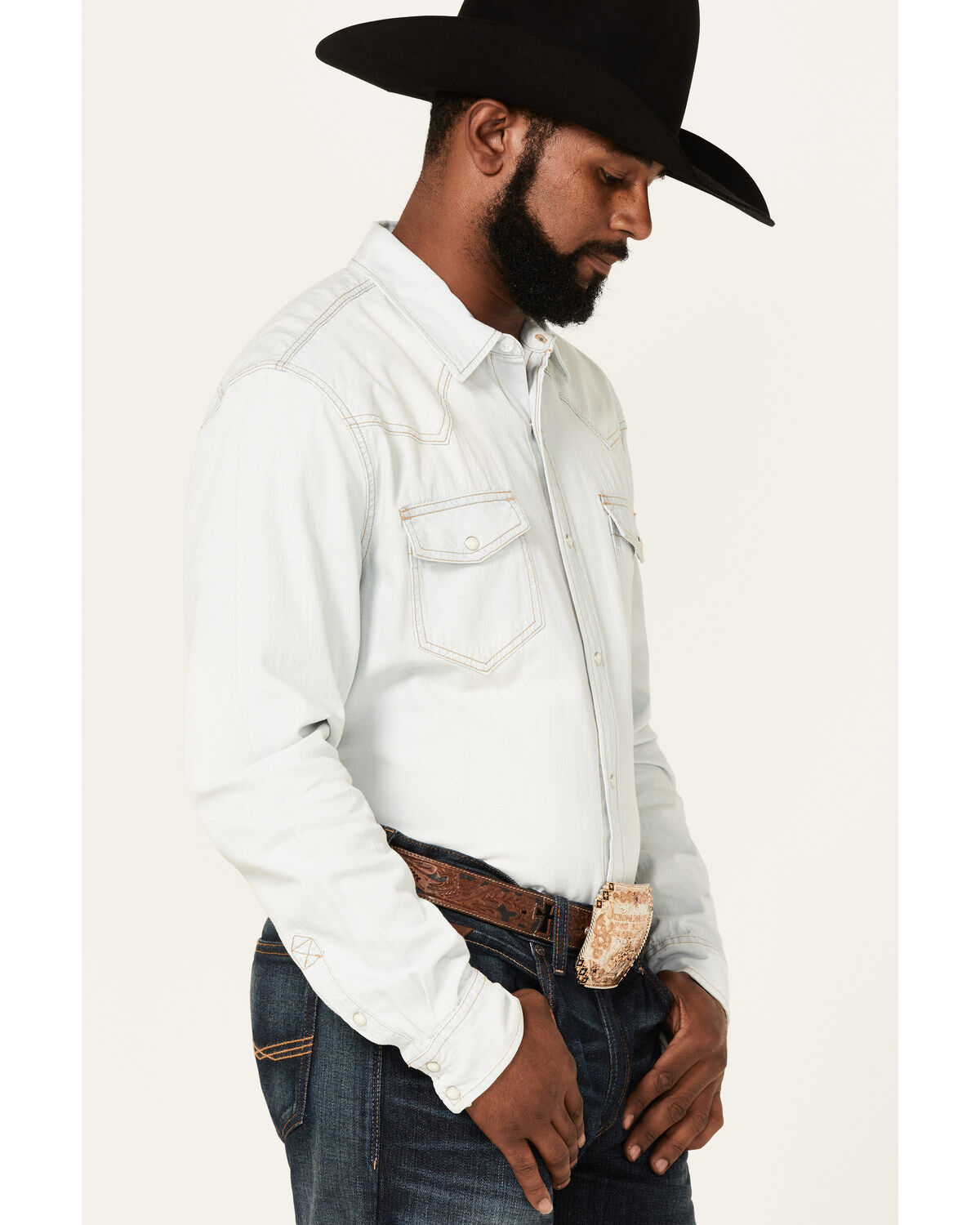 Image #2 - Cody James Men's Fort Summer Light Wash Long Sleeve Pearl Snap Western Denim Shirt, Light Wash, hi-res
