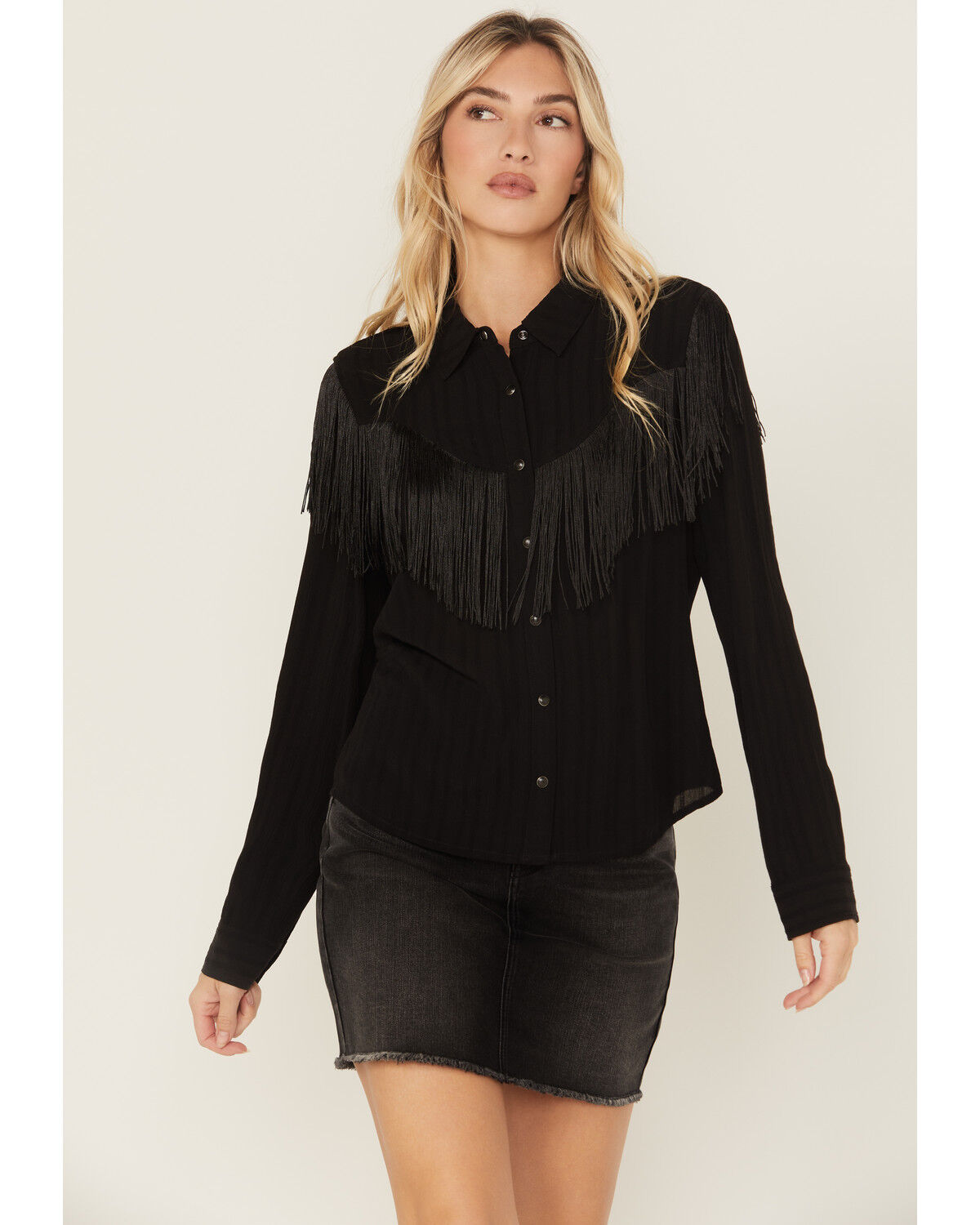 Image #1 - Idyllwind Women's Etta Fringe Long Sleeve Snap Western Shirt, Black, hi-res