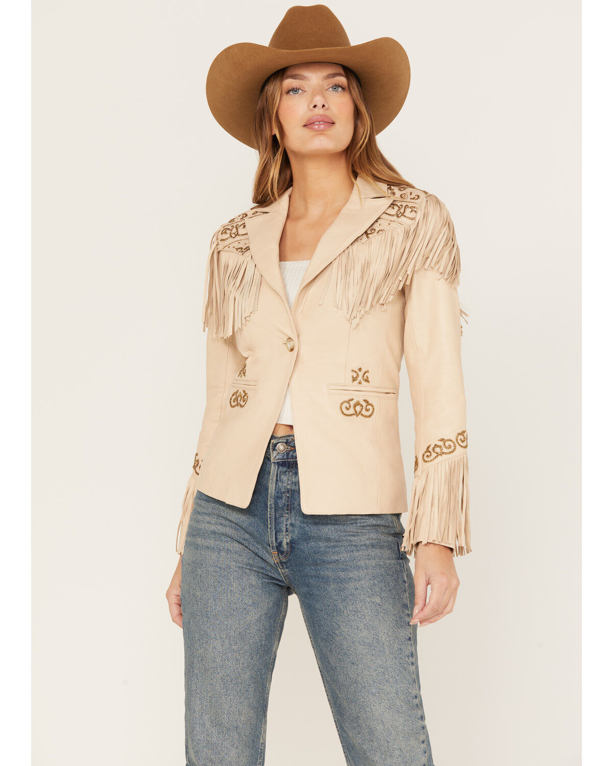 Image #2 - Shyanne Women's Fringe Embellished Leather Blazer, Taupe, hi-res