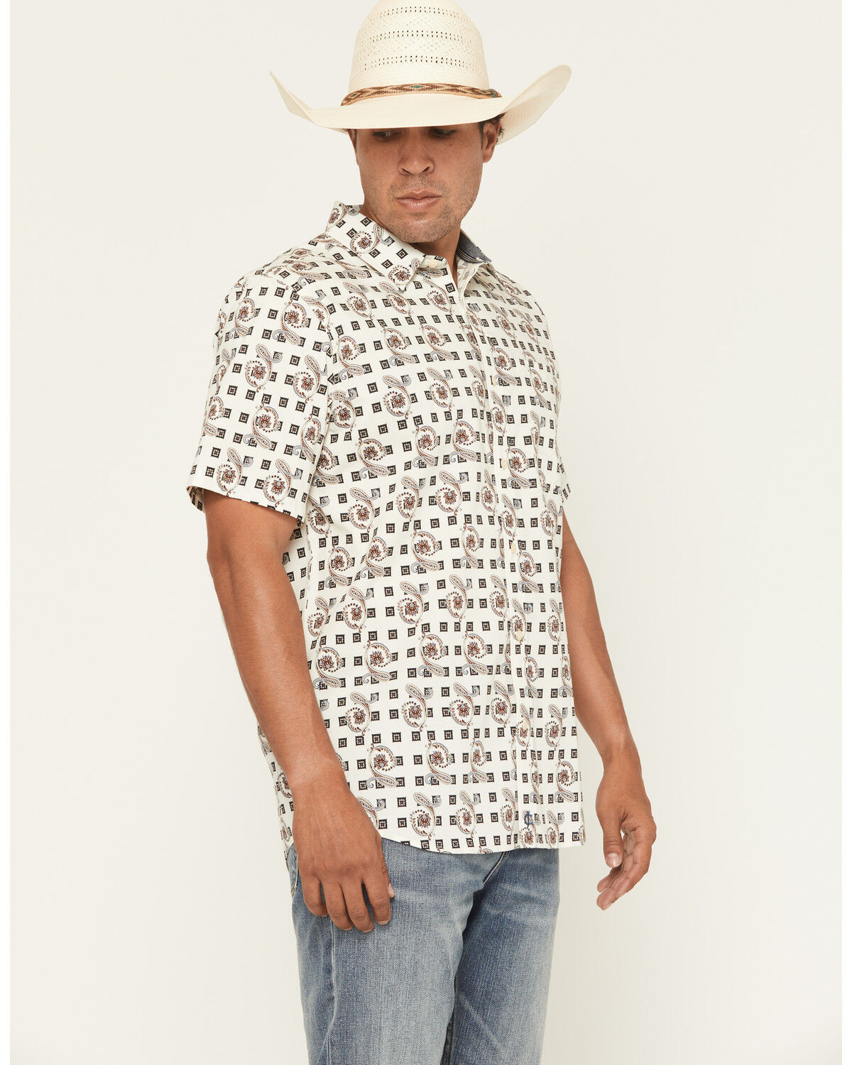 Image #2 - Cody James Men's Geo Paisley Print Short Sleeve Button-Down Stretch Western Shirt, Cream, hi-res