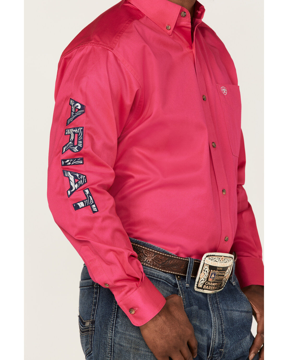 Image #3 - Ariat Men's Leather Tool Solid Pink Team Logo Long Sleeve Button-Down Western Shirt, Pink, hi-res