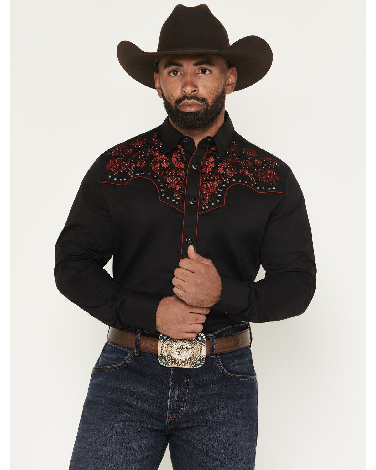 Rodeo Clothing Men's Embroidered Embellished Long Sleeve Snap Western Shirt, Black, hi-res
