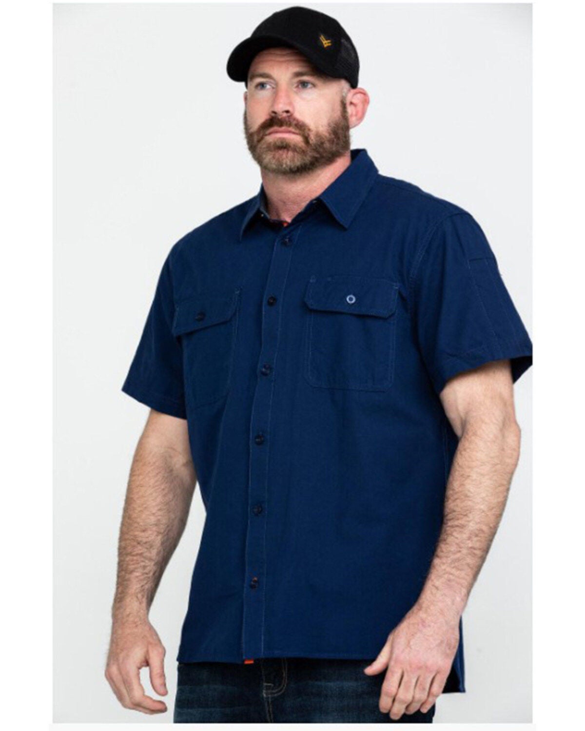 Hawx Men's Solid Navy Yarn Dye Two Pocket Short Sleeve Work Shirt - Big, Navy, hi-res