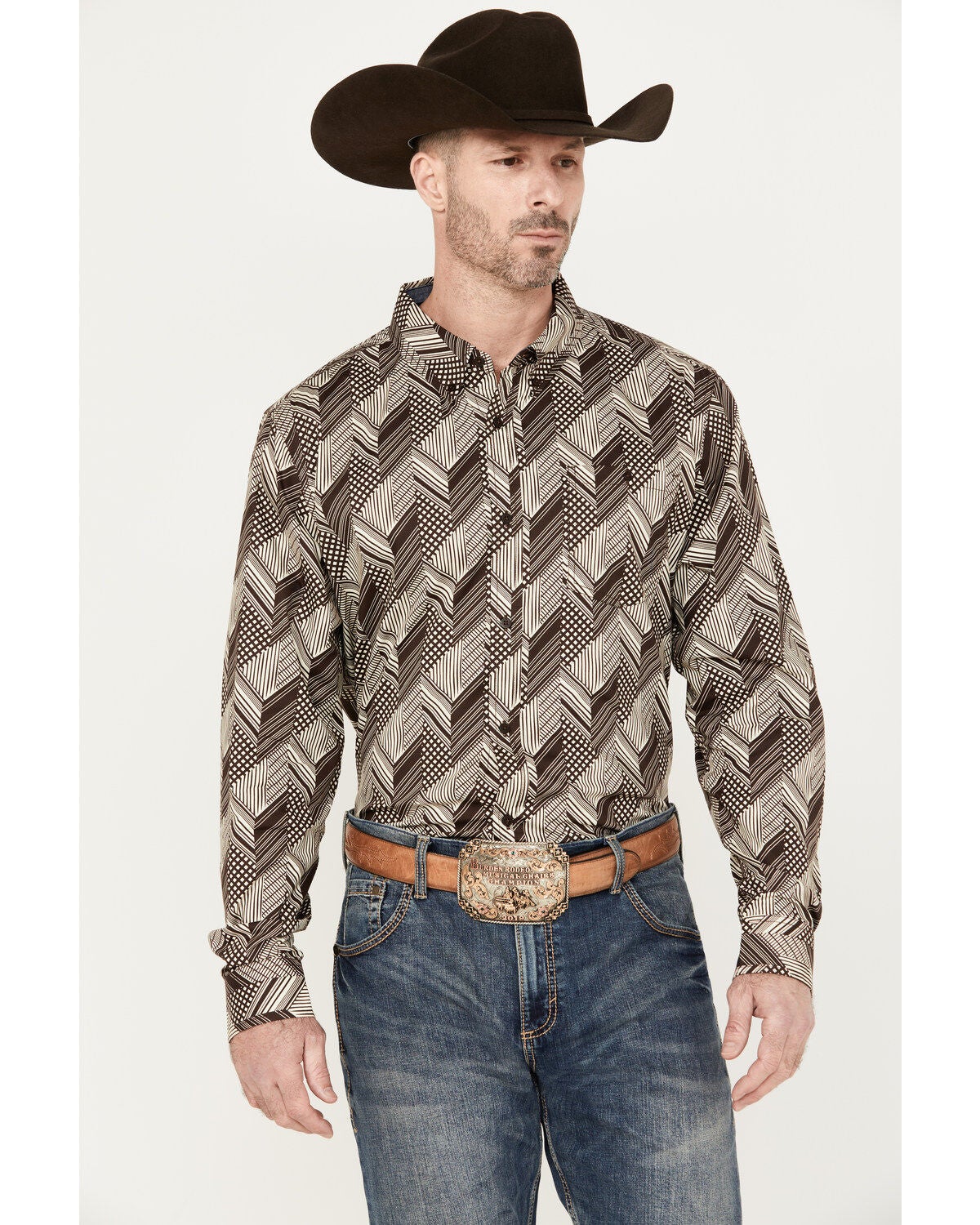 RANK 45&reg; Men's Altonwon Striped Geo Print Long Sleeve Button-Down Western Shirt, Coffee, hi-res