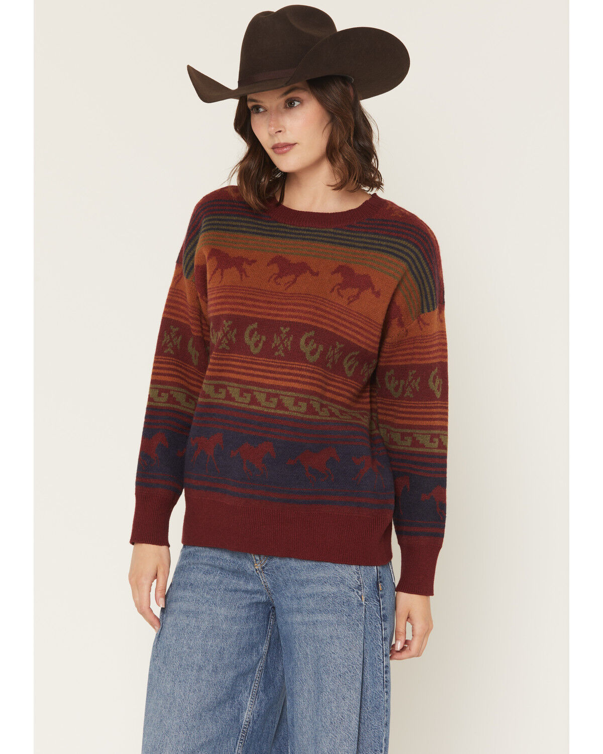 Image #1 - Panhandle Slim Women's Horse Striped Sweater, Rust Copper, hi-res