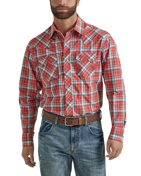 Wrangler Retro Men's Plaid Print Long Sleeve Snap Western Shirt - Tall , Red, hi-res