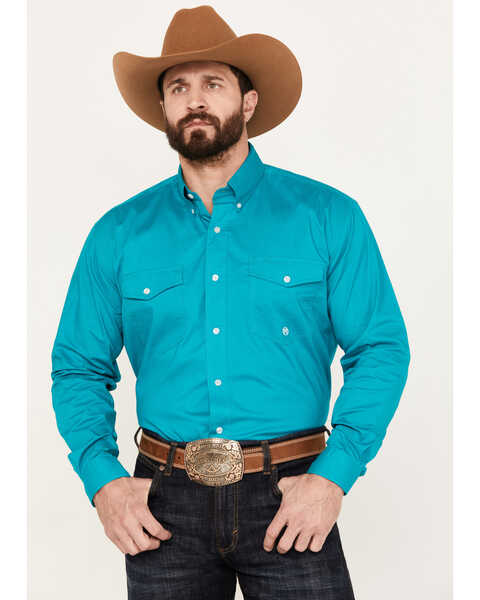 Roper Men's Amarillo Solid Long Sleeve Stretch Button Down Western Shirt, Teal, hi-res
