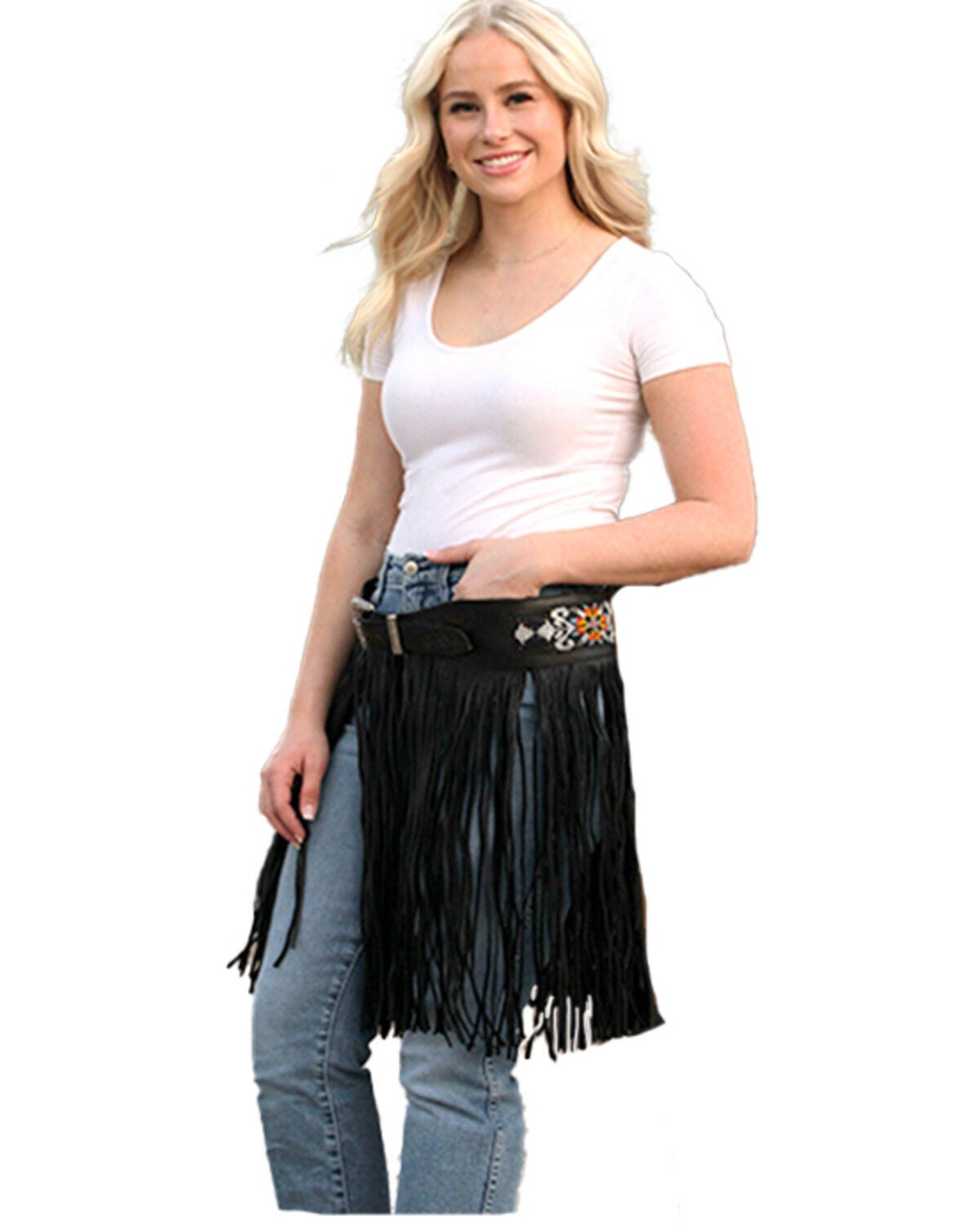 Kobler Women's Leather Hand Tooled Beaded Fringe Belt, Black, hi-res