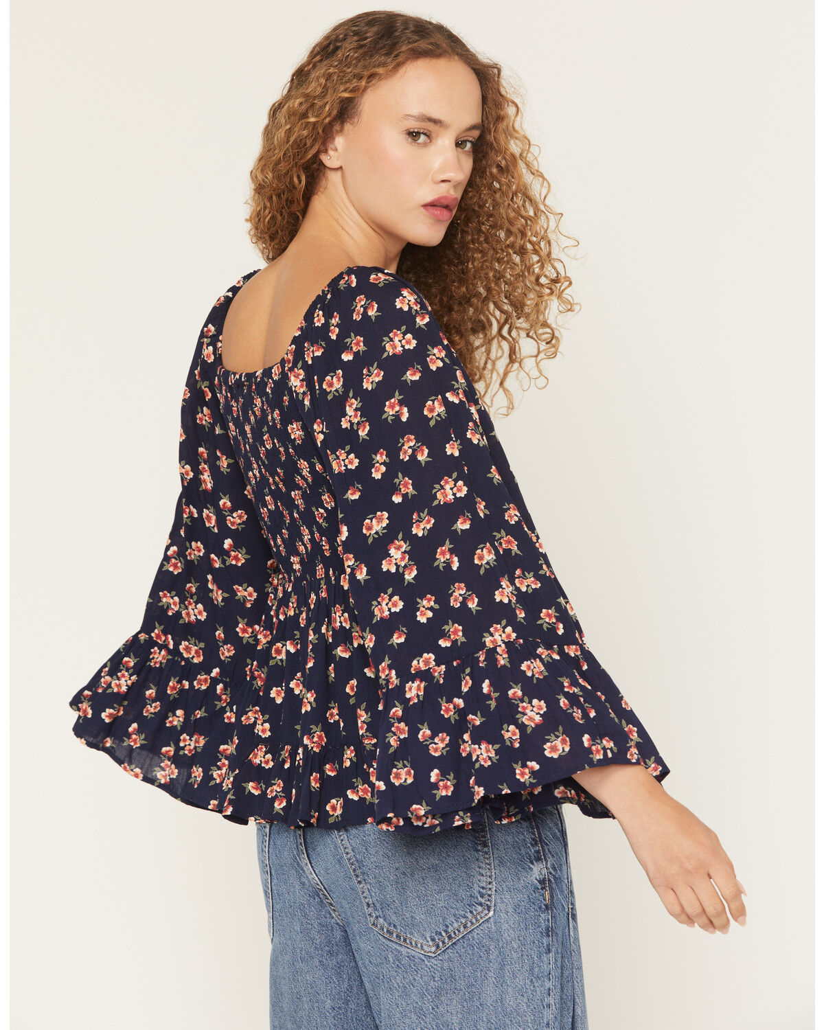Image #4 - Angie Women's Floral Print Long Bell Sleeve Top, Navy, hi-res