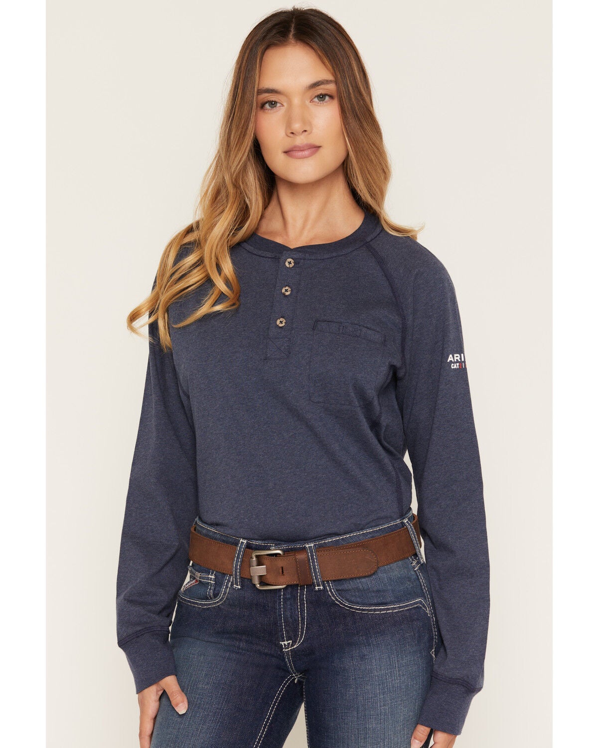 Ariat Women's FR Air Henley Long Sleeve Work Shirt, Navy, hi-res