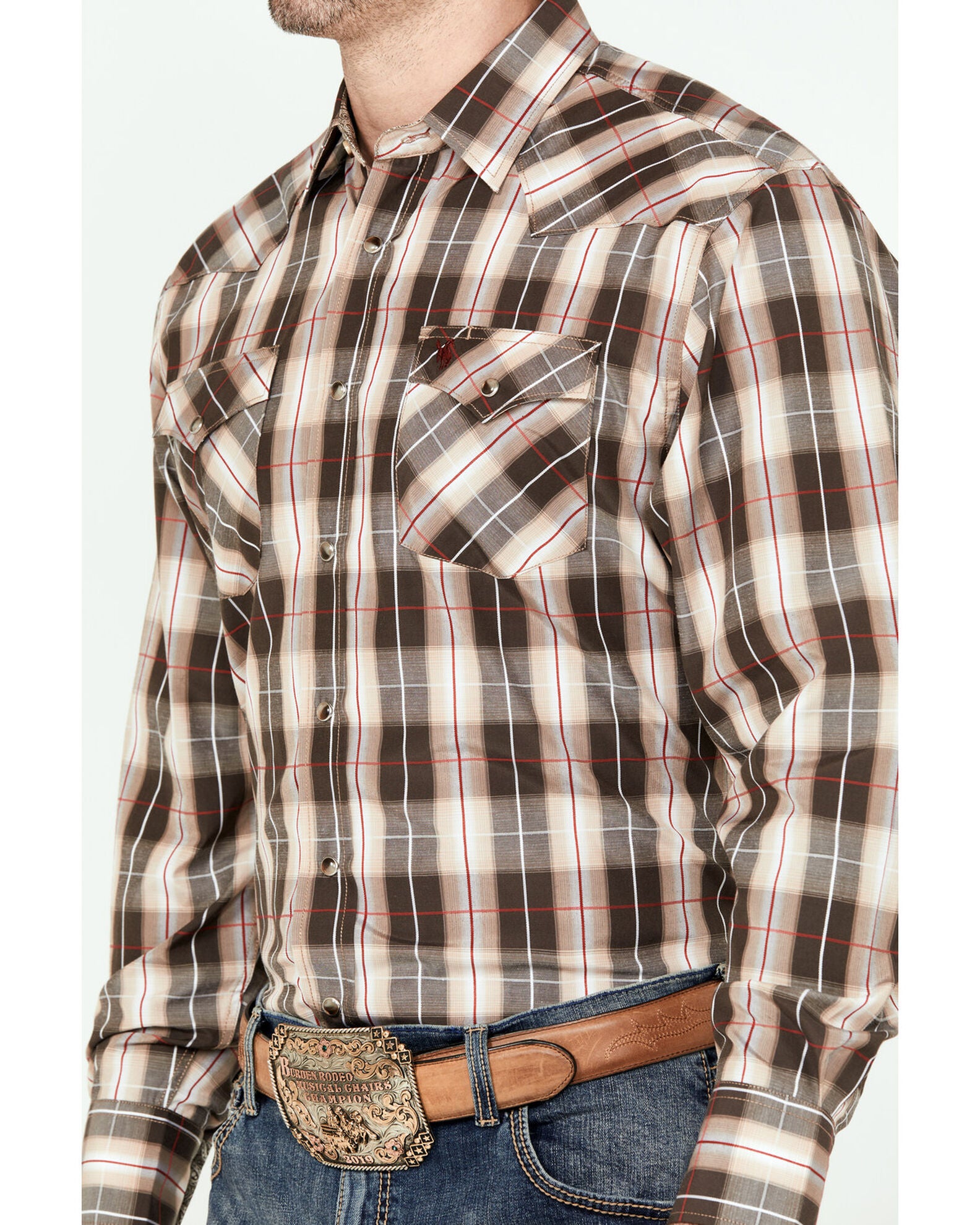 Rodeo Clothing Men's Plaid Print Long Sleeve Snap Western Shirt, Brown