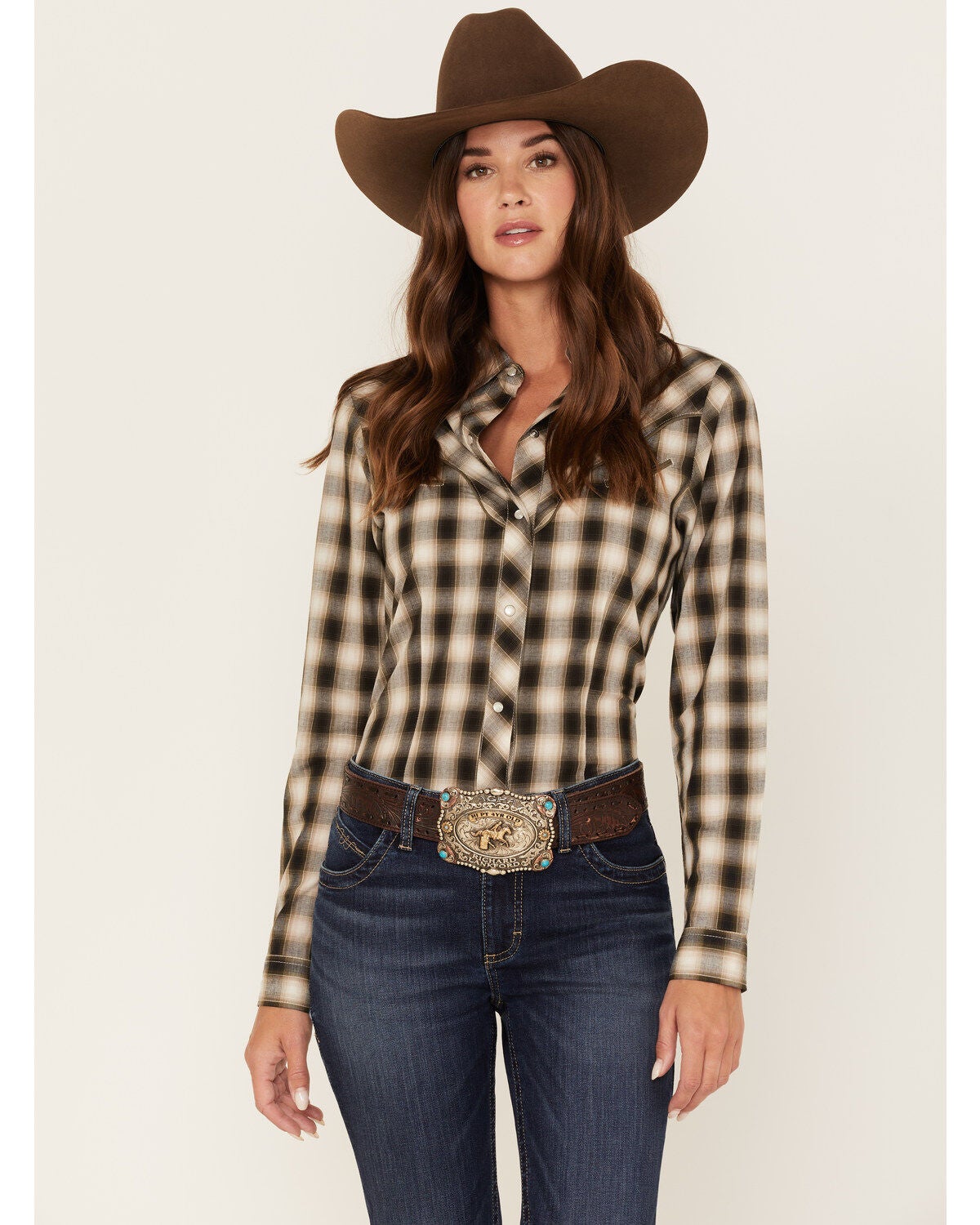 Product Name:  Wrangler Women's Plaid Print Long Sleeve Pearl Snap Western Shirt