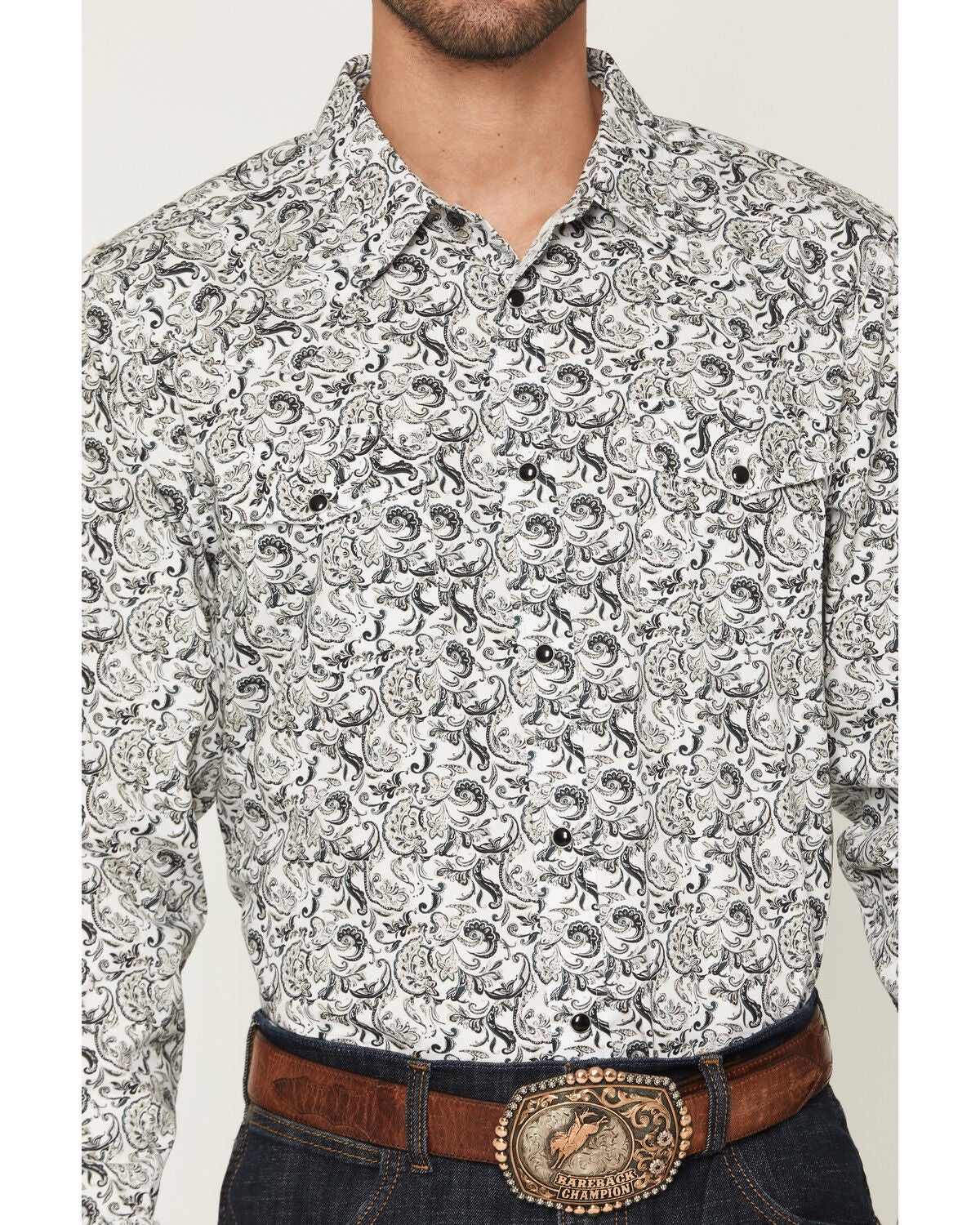Image #3 - Gibson Trading Co Men's Bone Ridge Paisley Print Long Sleeve Snap Western Shirt - Big, Ivory, hi-res