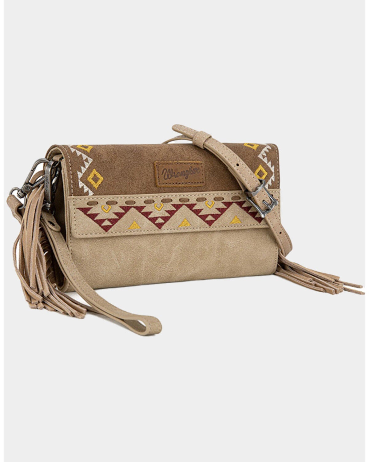 Wrangler Women's Southwestern Print Fringe Crossbody Wristlet, Lt Brown, hi-res