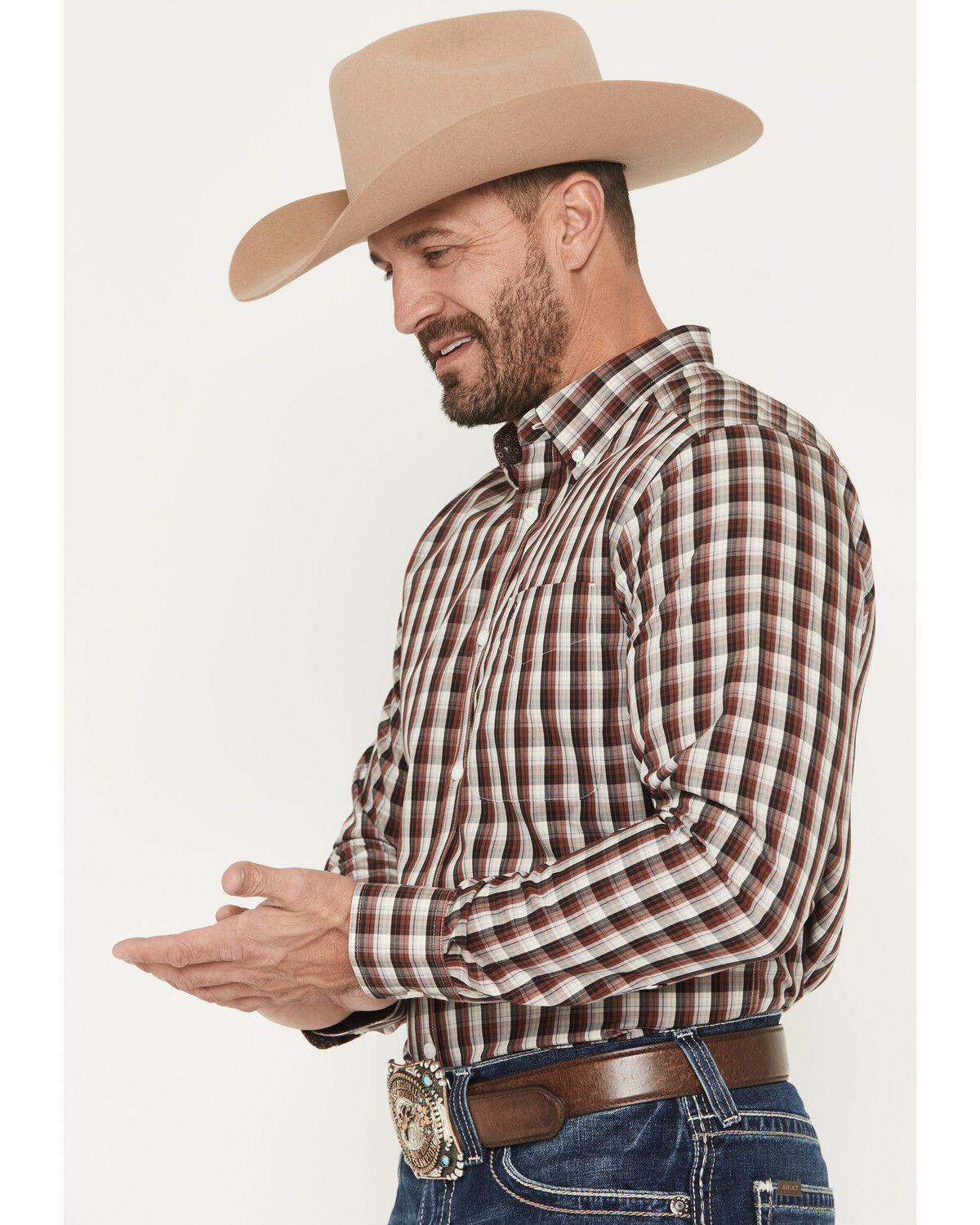 Image #2 - Ariat Men's Wrinkle Free Atlas Plaid Print Fitted Long Sleeve Button-Down Western Shirt, Brown, hi-res