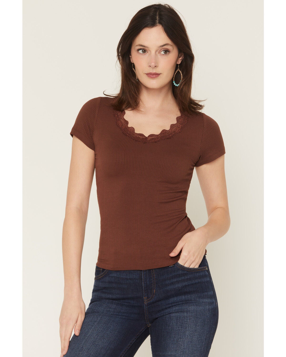 Blue Life Women's Lana Basic Lace V Neck Shirt, Chocolate, hi-res