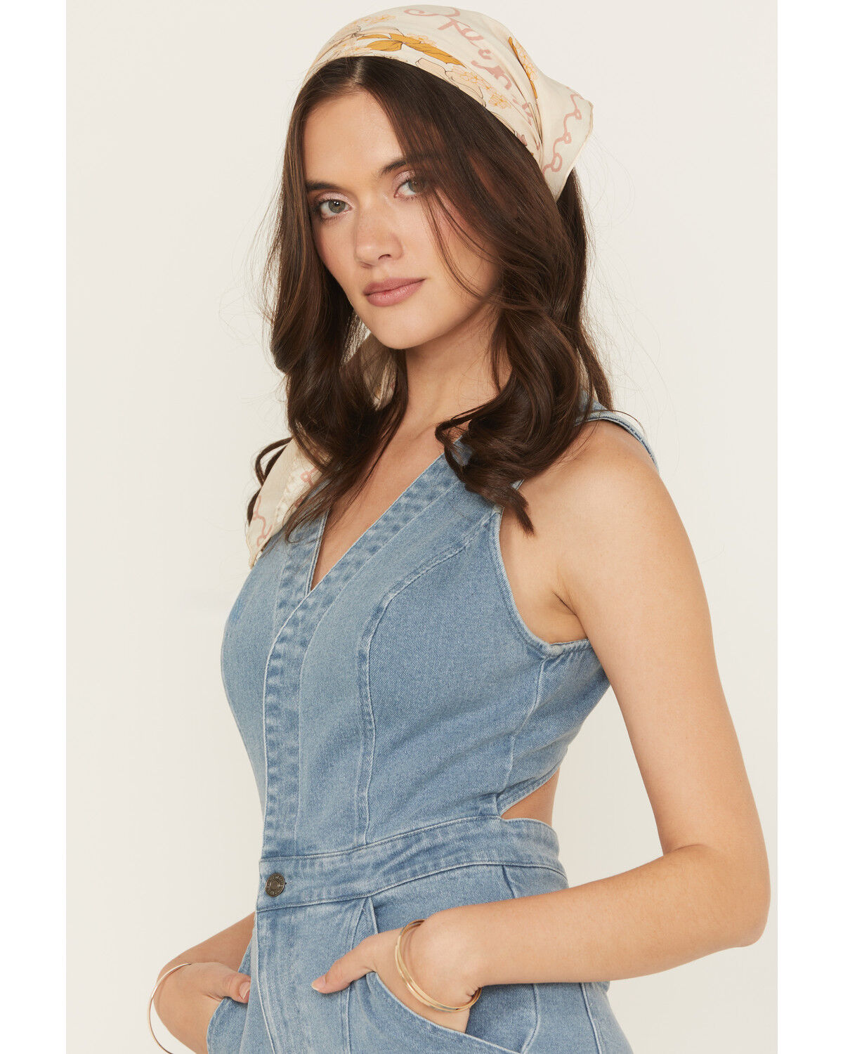 Product Name:  Flying Tomato Women's Light Wash Open Back Denim Jumpsuit