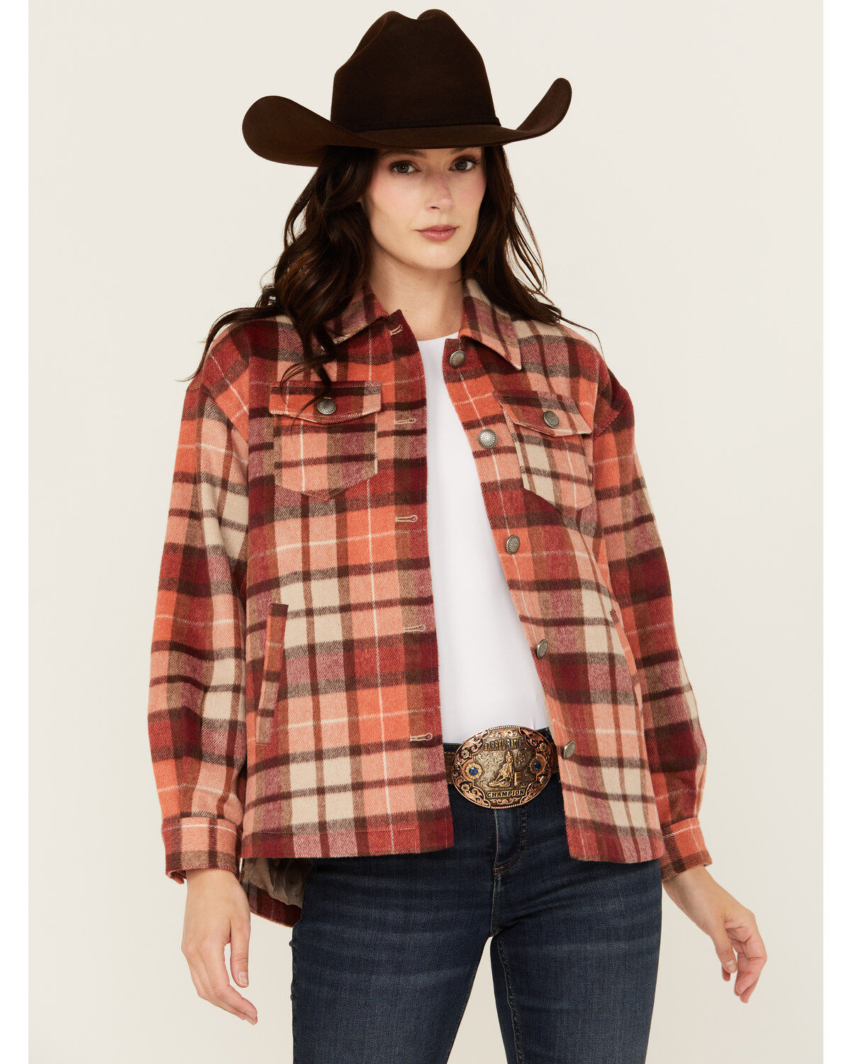 Image #1 - Shyanne Women's Plaid Print Quilted Button-Down Shacket, Dark Pink, hi-res