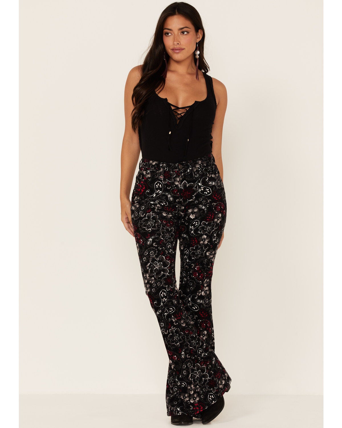 Idyllwind Women's Floral Print High Rise Flare Corduroy Jeans, Black, hi-res