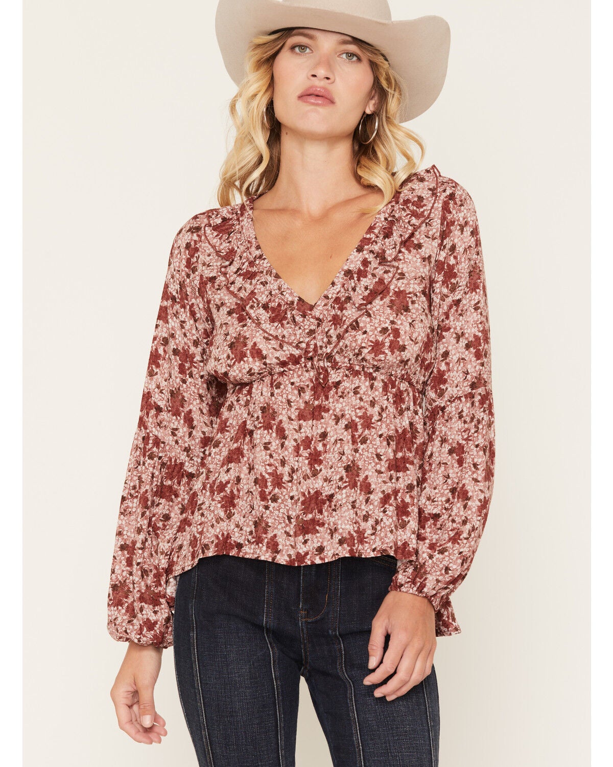 Wild Moss Women's Floral Print Ruffle Long Sleeve Top, Burgundy, hi-res
