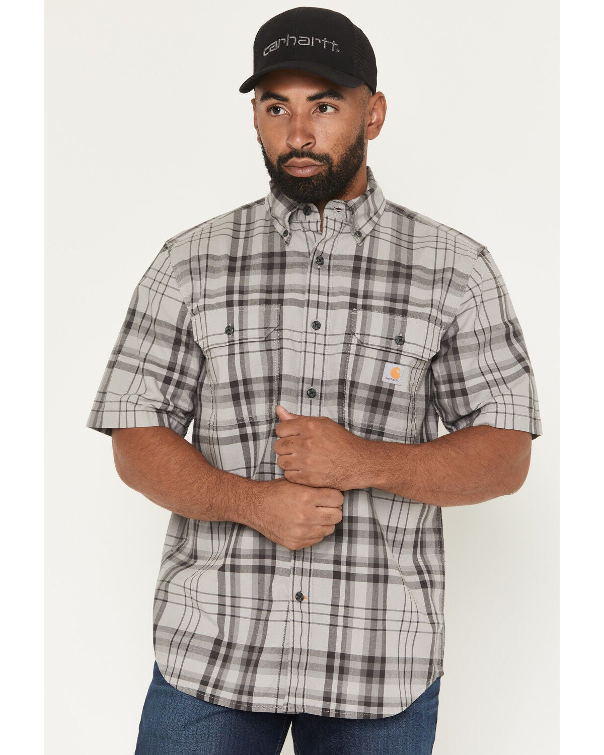 Carhartt Men's Fort Loose Fit Short Sleeve Button-Down Work Shirt, Grey, hi-res