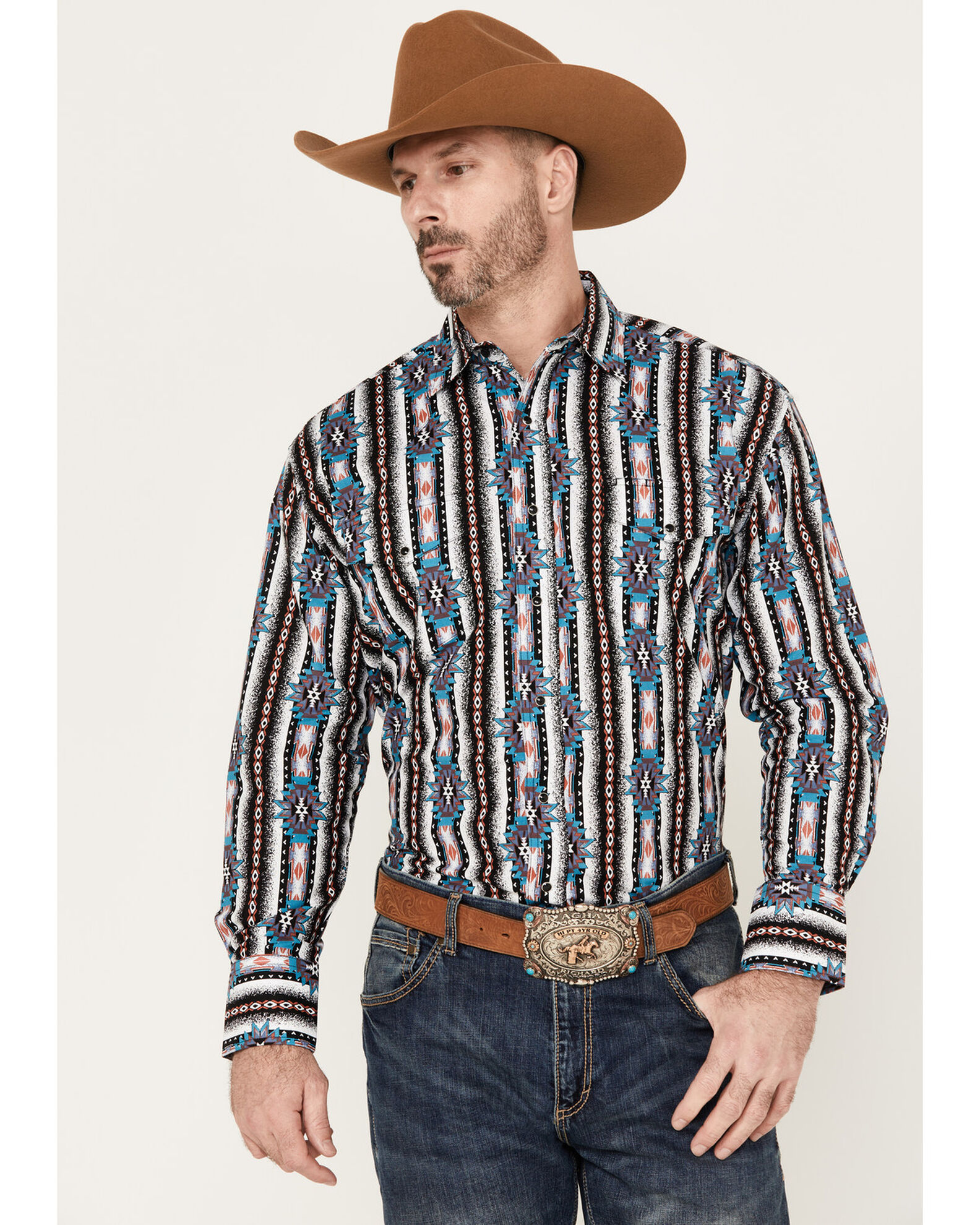 Wrangler Men s Southwestern Striped Long Sleeve Snap Western Shirt