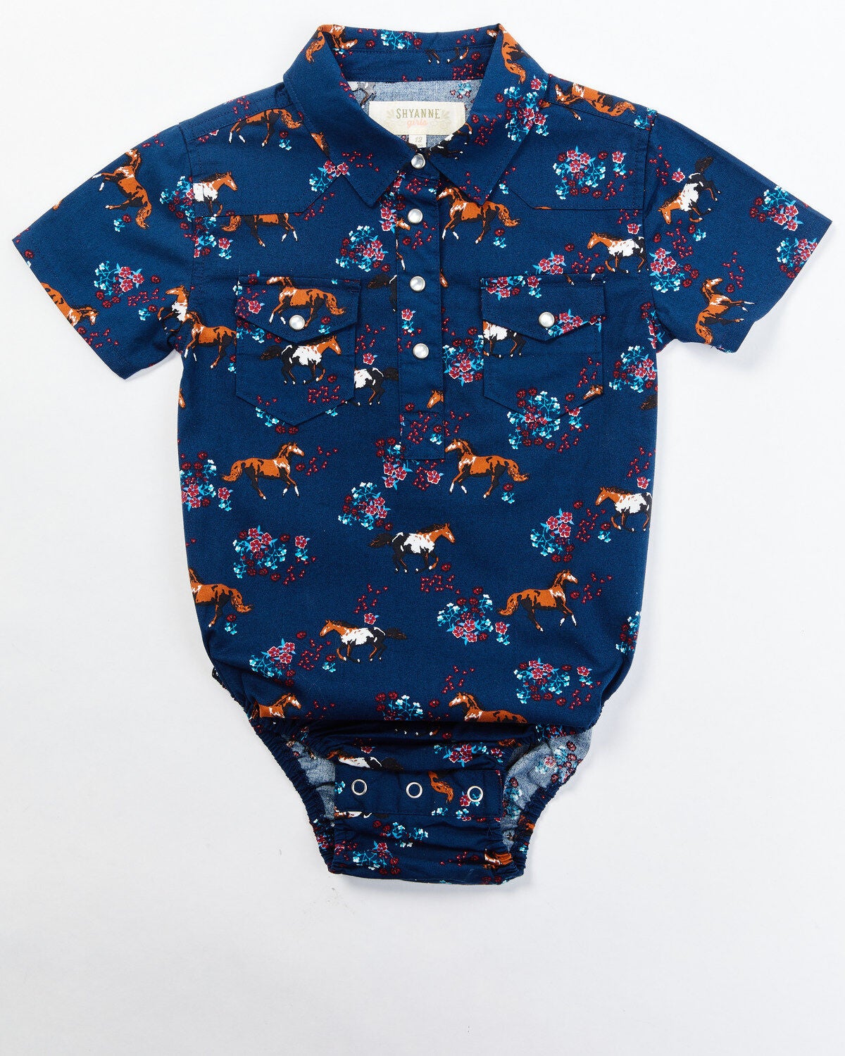 Shyanne Infant Girls' Horse Floral Short Sleeve Pearl Snap Onesie, Dark Blue, hi-res