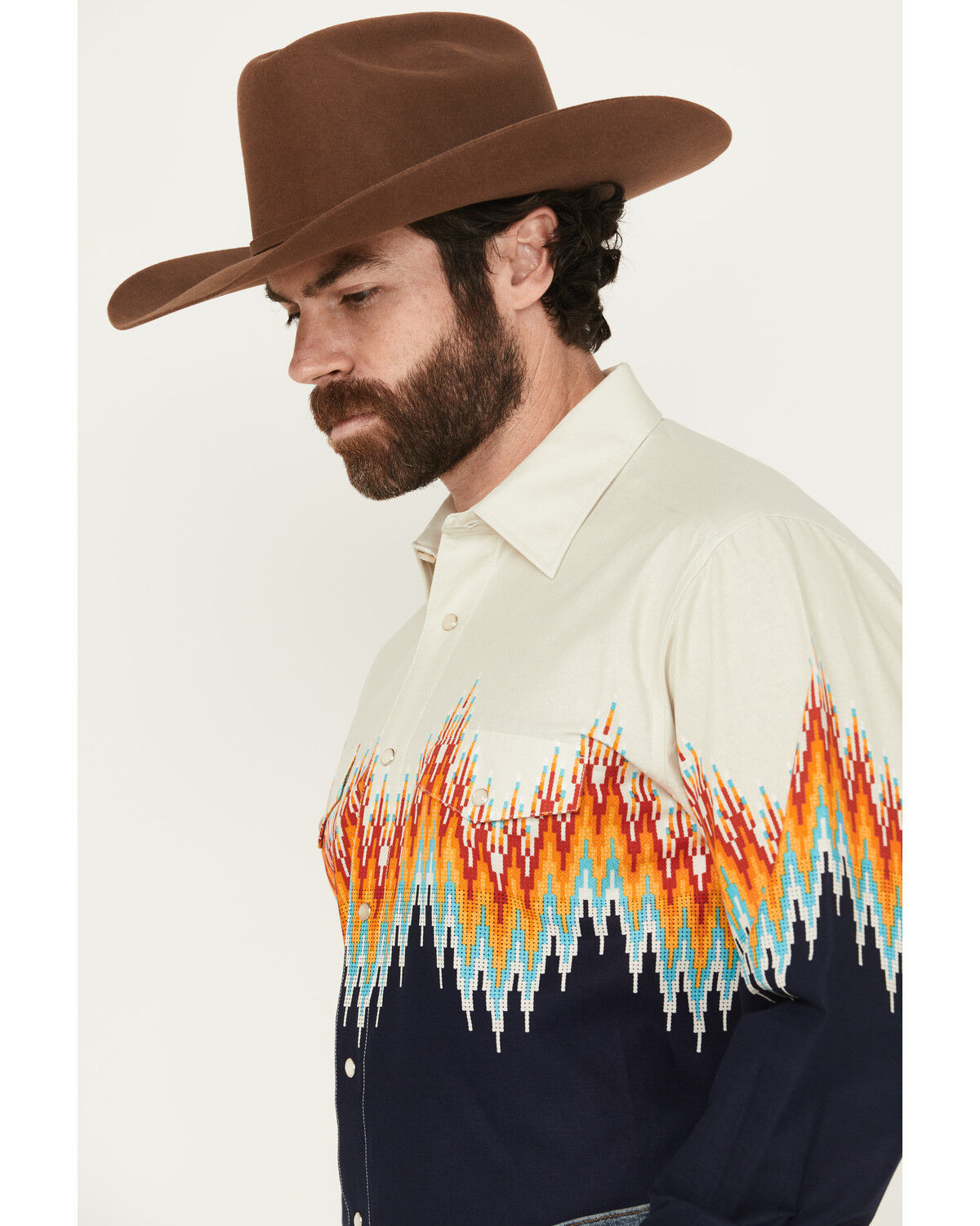Image #2 - Panhandle Men's Southwestern Border Long Sleeve Snap Western Shirt, Navy, hi-res