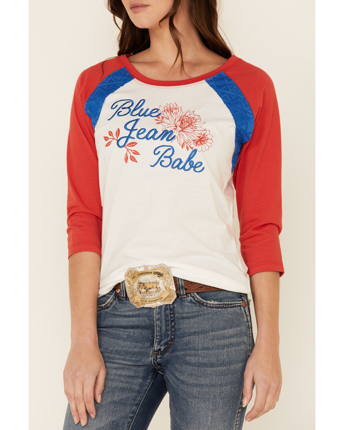Image #3 - Cruel Girl Women's Jean Baby Graphic Ringer Tee, Red/white/blue, hi-res