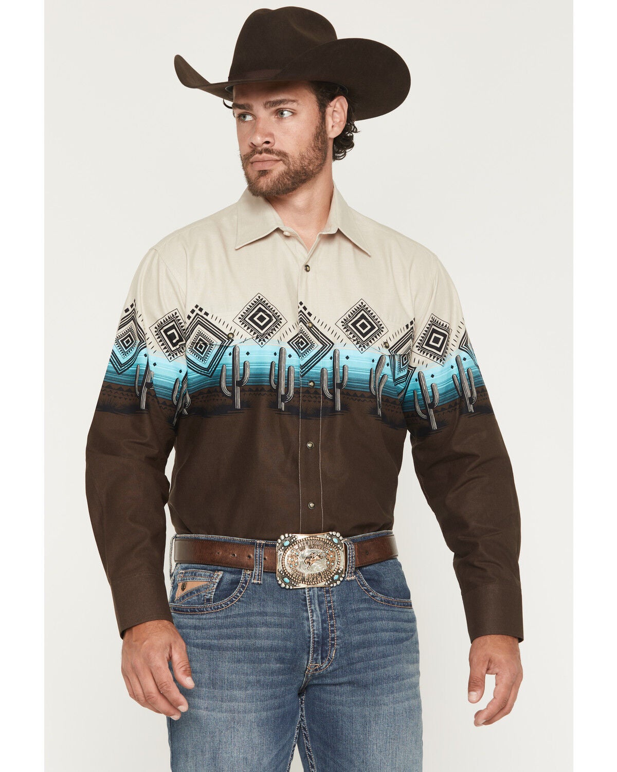 Image #1 - Panhandle Slim Men's Southwestern Cactus Border Long Sleeve Snap Western Shirt, Dark Brown, hi-res