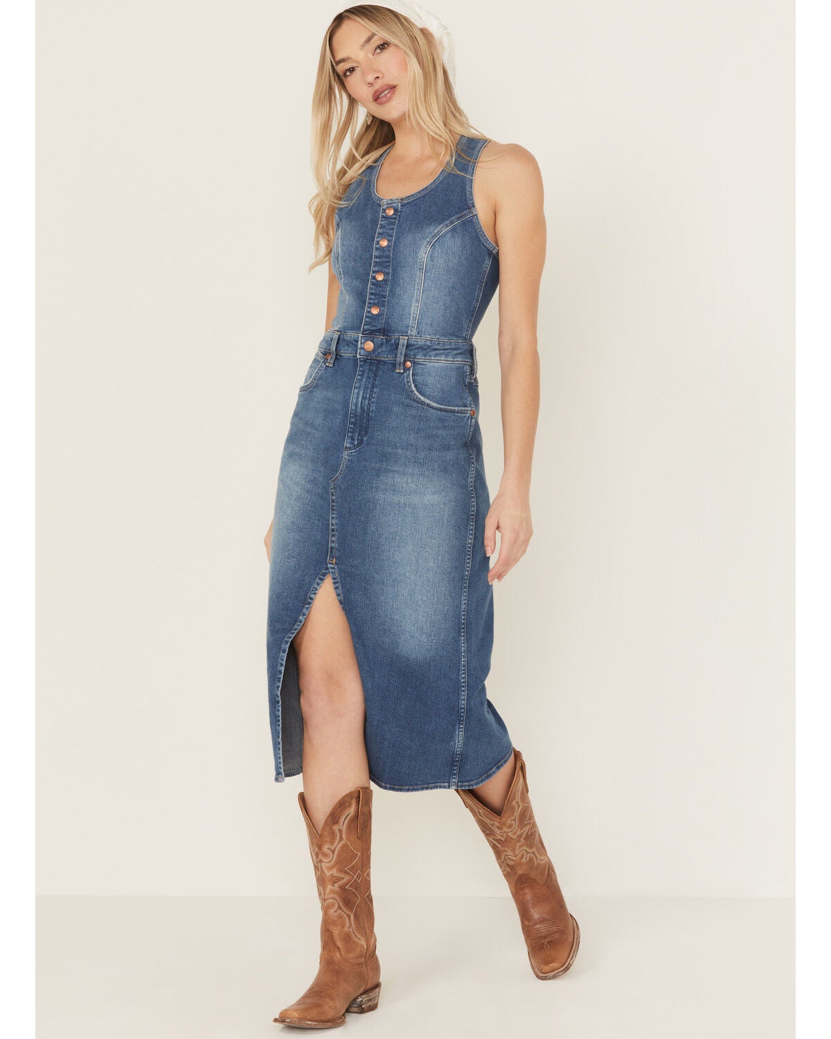 Wrangler Women's Racerback Button-Down Denim Midi Dress, Blue, hi-res