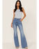 Flying Tomato Women's Light Wash High Rise Seamed Flare Jeans, Blue, hi-res