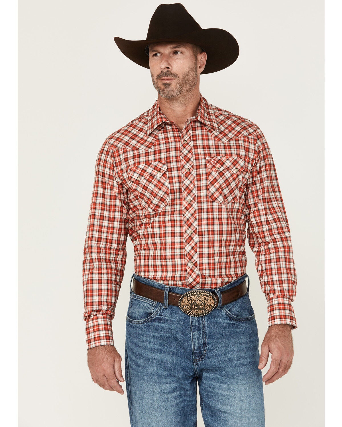 Wrangler Retro Men's Plaid Print Long Sleeve Snap Western Shirt, Red, hi-res