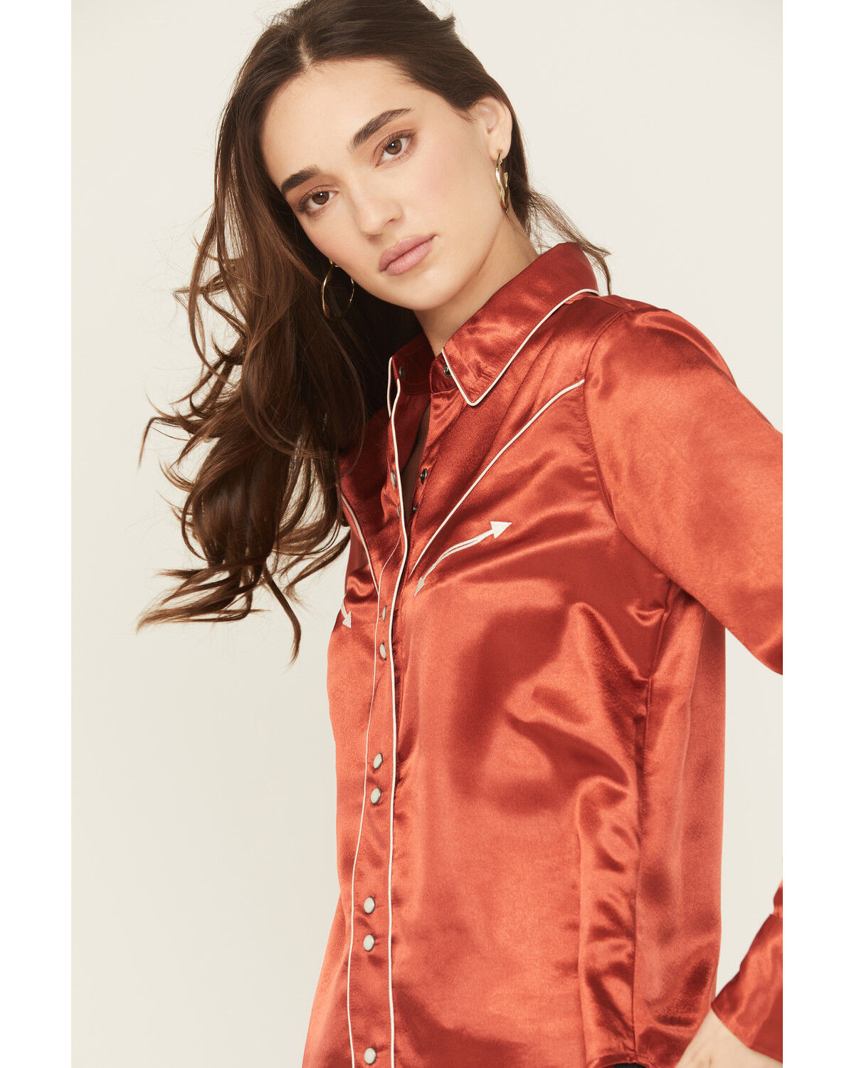 Image #2 - Cruel Girl Women's Satin Long Sleeve Snap Western Shirt, Red, hi-res