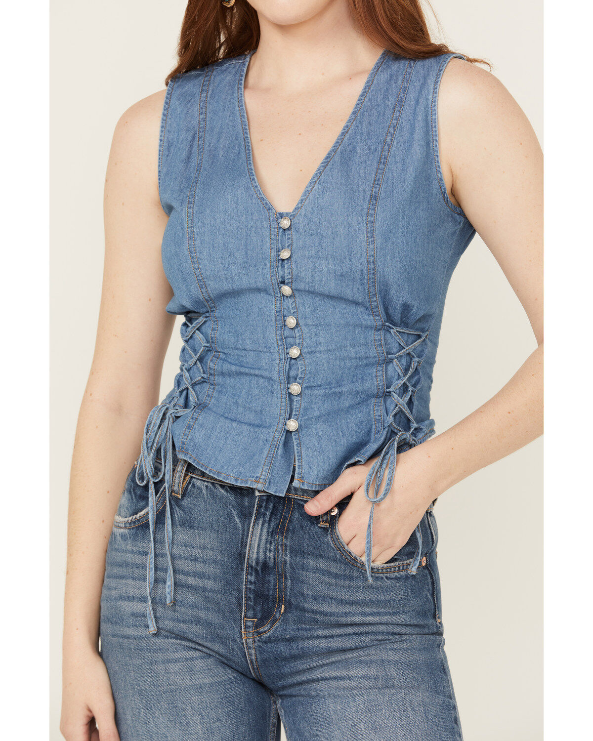 Image #3 - Scully Women's Tie Side Denim Vest, Blue, hi-res