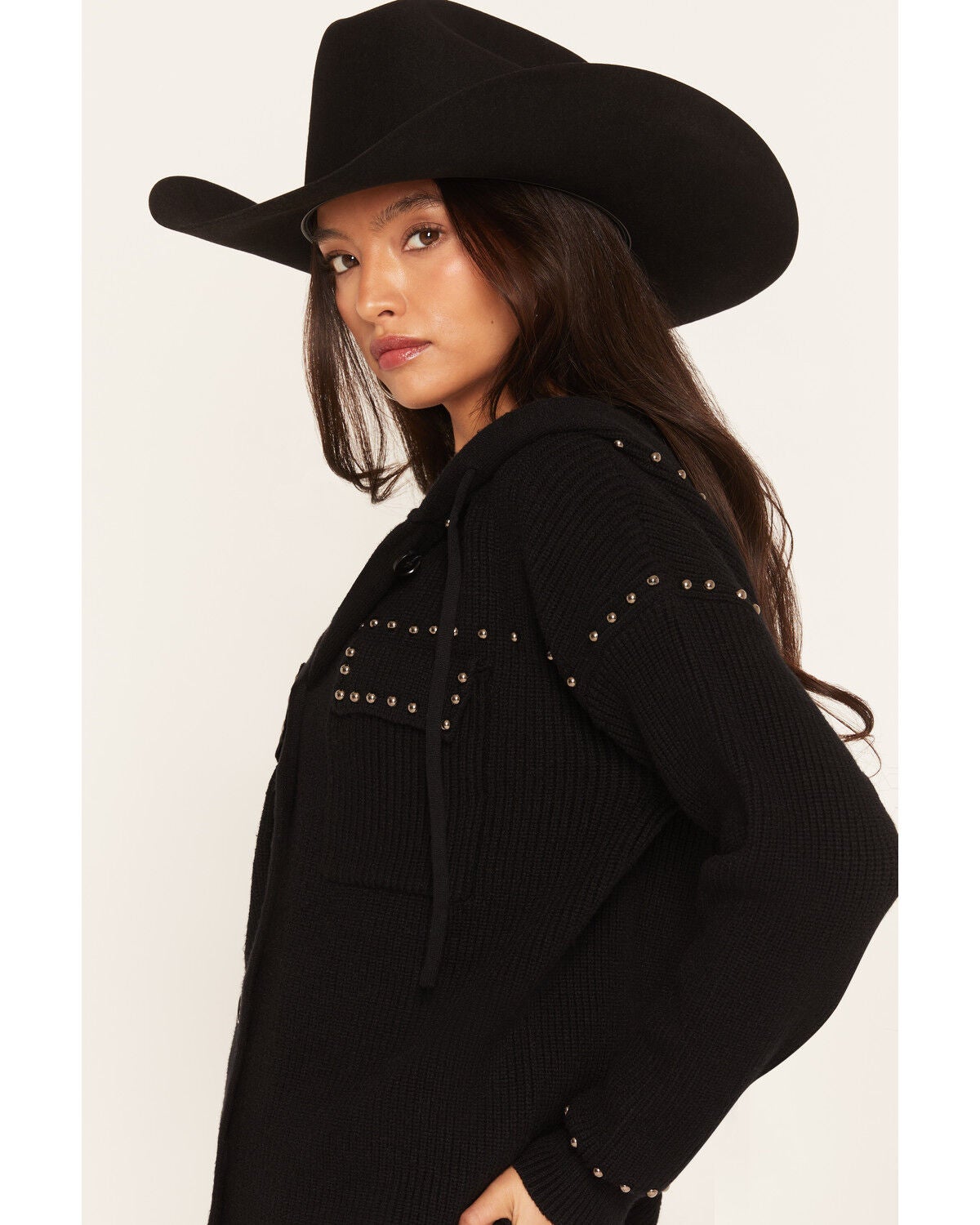 Image #2 - Miss Me Women's Hooded Button-Down Long Sleeve Top, Black, hi-res