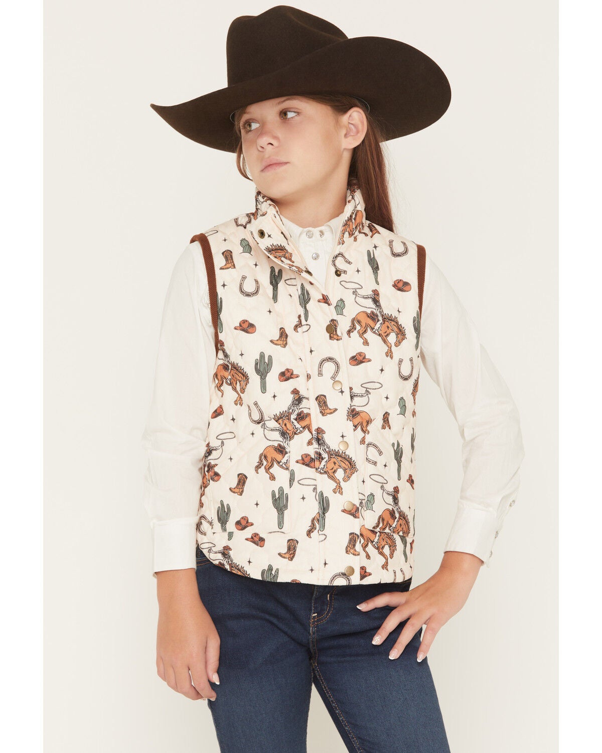 Fornia Girls' Horse Printed Vest, White, hi-res