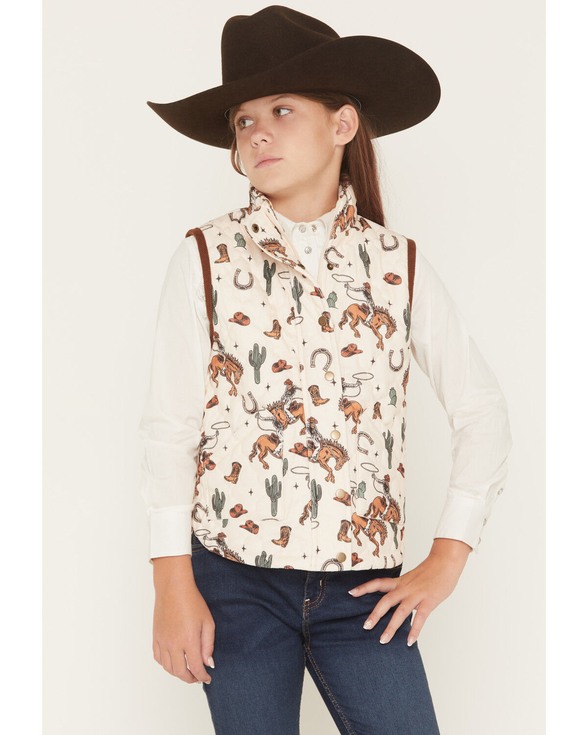 Image #1 - Fornia Girls' Horse Printed Vest, White, hi-res